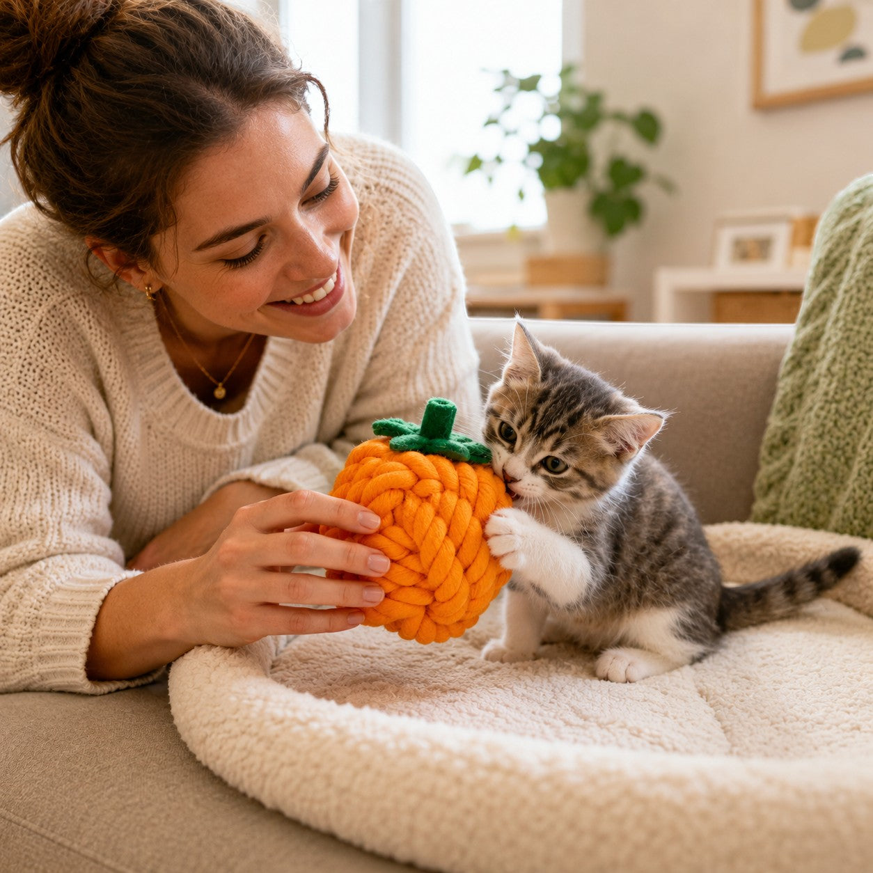 Tap2Own orange woven rope pumpkin cat toy with green stem, held by a woman, being chewed by a kitten.