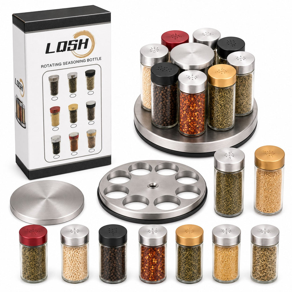 Tap2Own Rotating Seasoning Bottle Organizer Set with stainless steel finish and 10 glass spice jars.