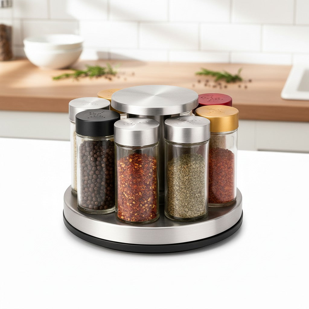 Tap2Own Rotating Seasoning Bottle Organizer Set, stainless steel, 360-degree rotation, 7 spice bottles included.