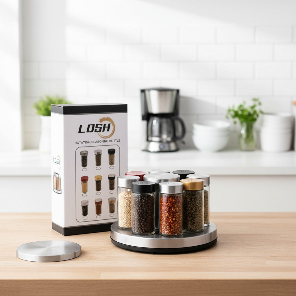 Tap2Own Rotating Seasoning Bottle Organizer Set, stainless steel, with 8 spice bottles on a rotating base.