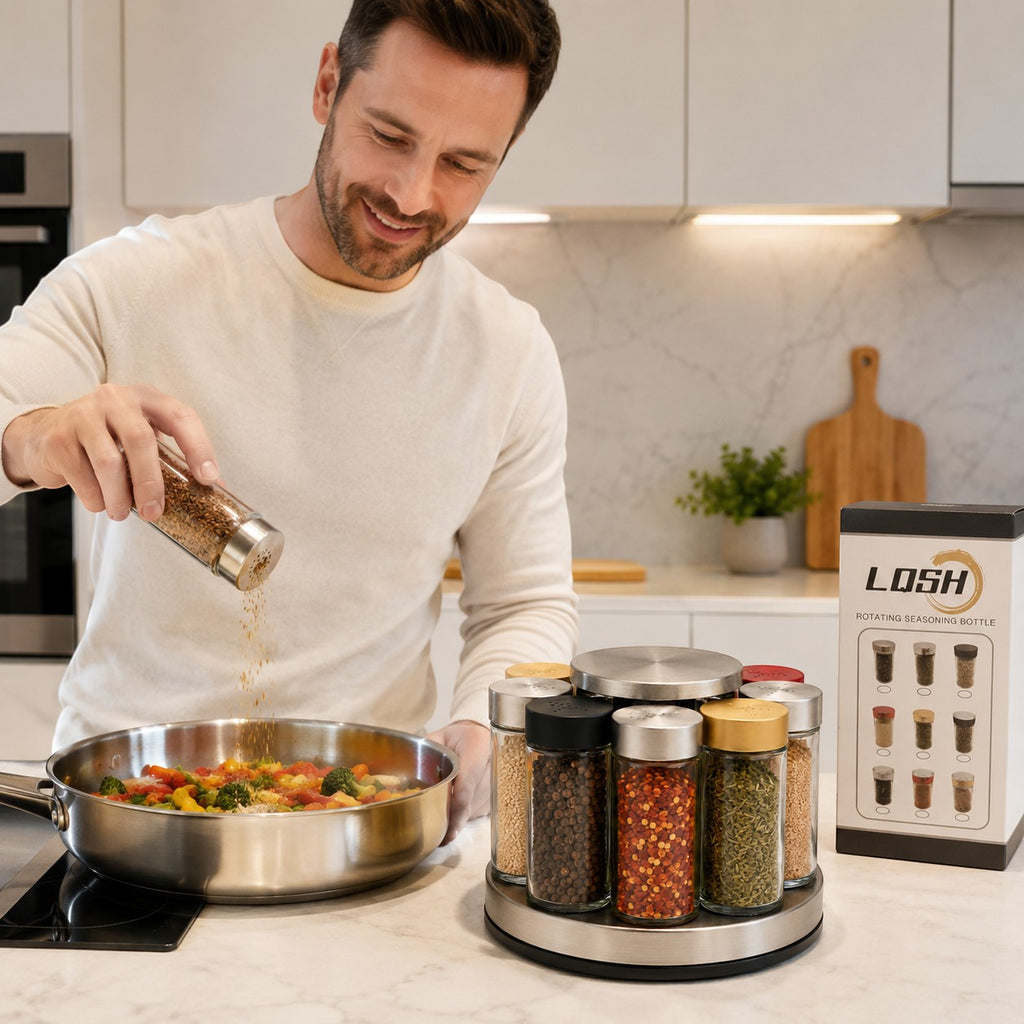 Tap2Own Rotating Seasoning Bottle Organizer Set with stainless steel finish, 360-degree rotation, and tiered structure.