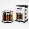Tap2Own Rotating Seasoning Bottle Organizer Set with stainless steel finish and 8 glass spice jars.