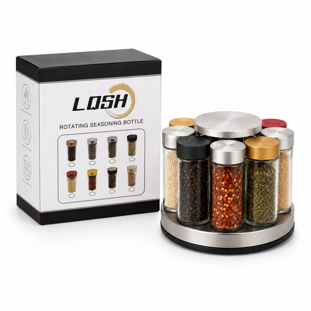 Tap2Own Rotating Seasoning Bottle Organizer Set with 8 glass bottles, stainless steel finish, 360-degree rotation.