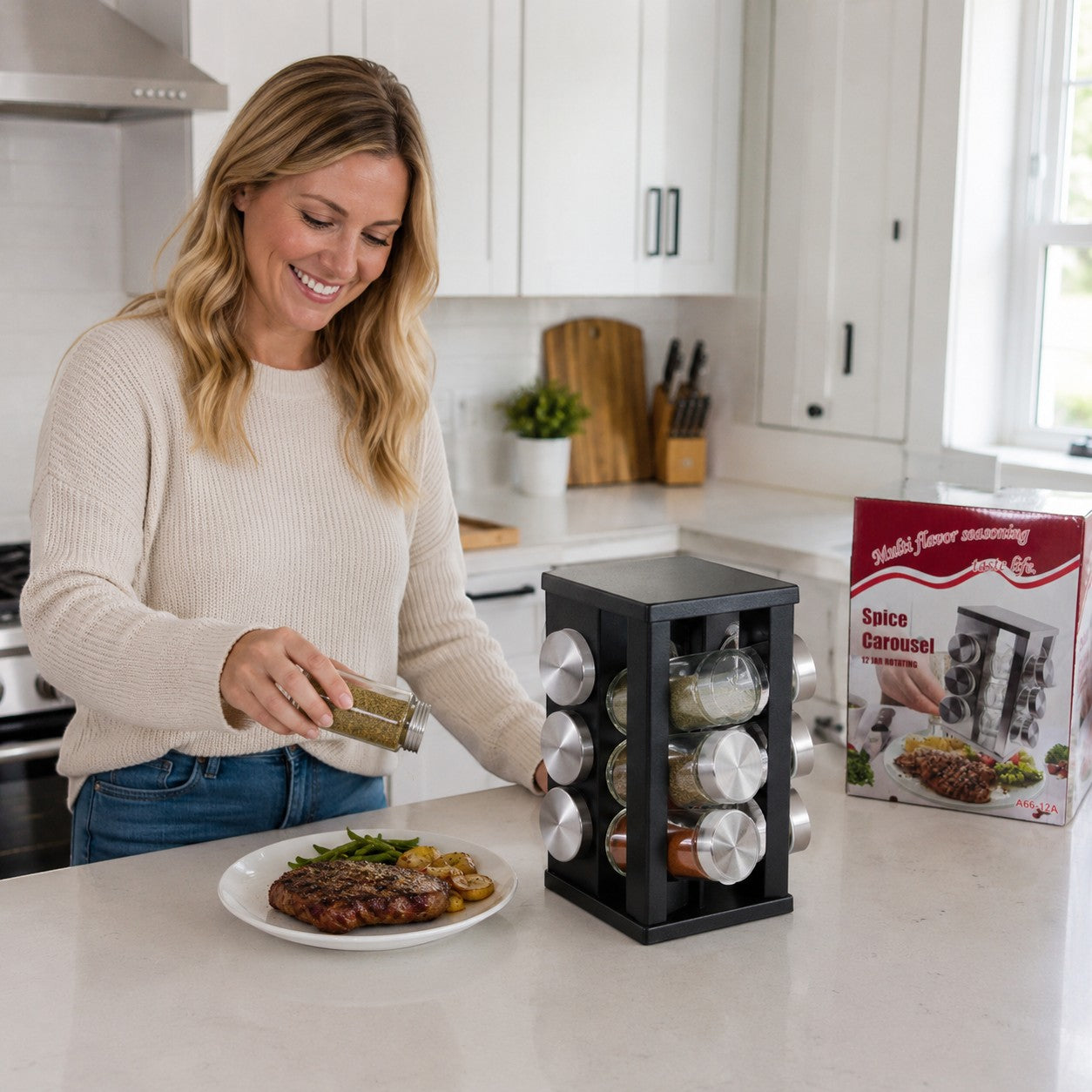 Tap2Own black rotating spice rack organizer with 12 glass jars and stainless steel lids, shown with a woman seasoning a steak.