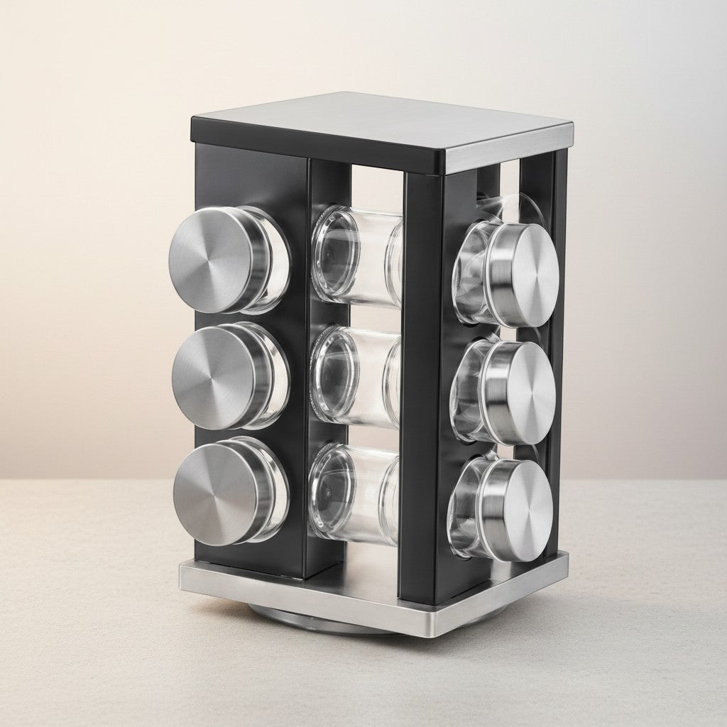 Tap2Own black rotating spice rack organizer with 12 clear glass jars and stainless steel lids.