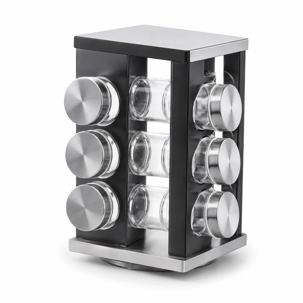 Tap2Own black rotating spice rack organizer with 12 clear glass jars and stainless steel lids. Modern kitchen counter storage.
