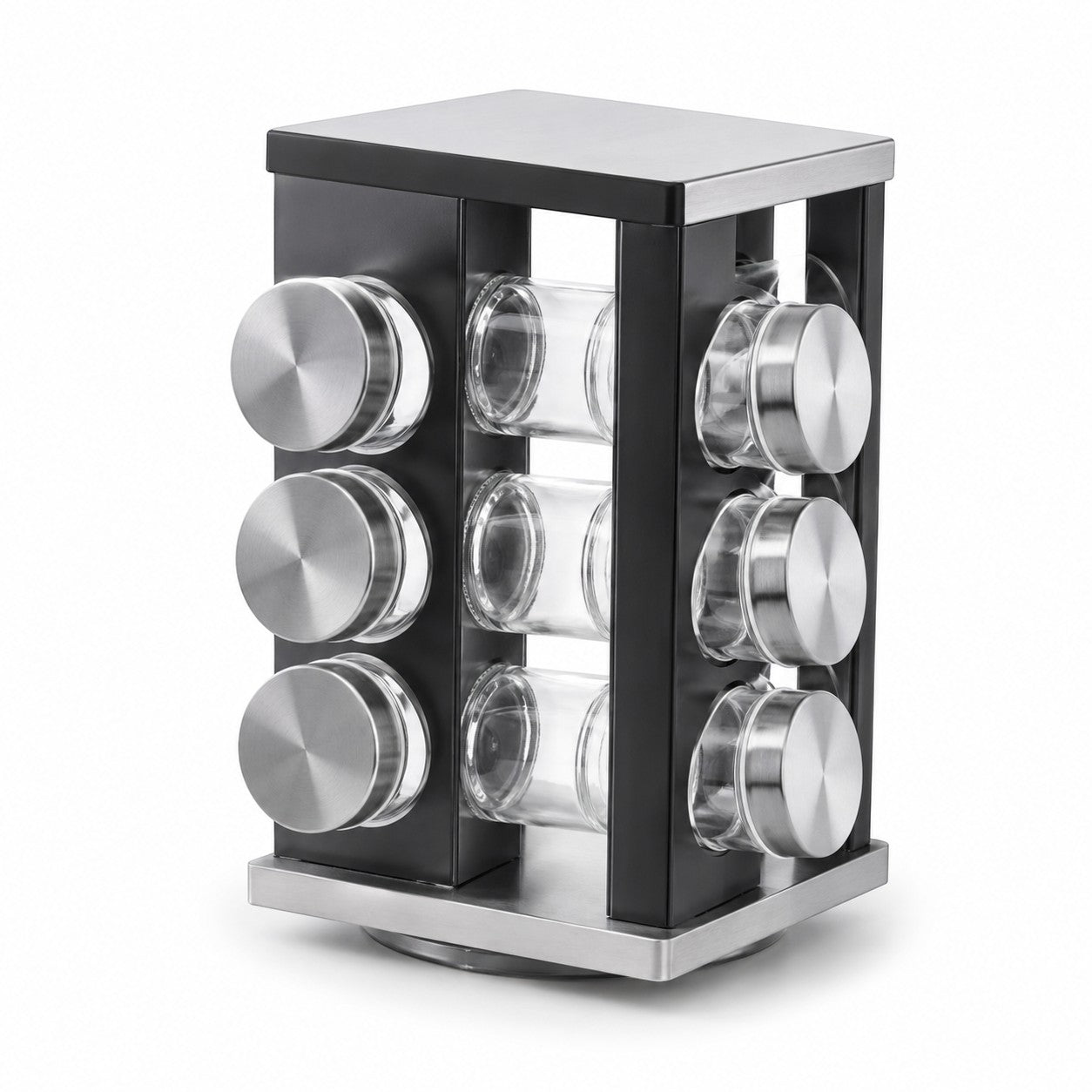 Tap2Own black rotating spice rack organizer with 12 clear glass jars and stainless steel lids. Modern kitchen counter storage.