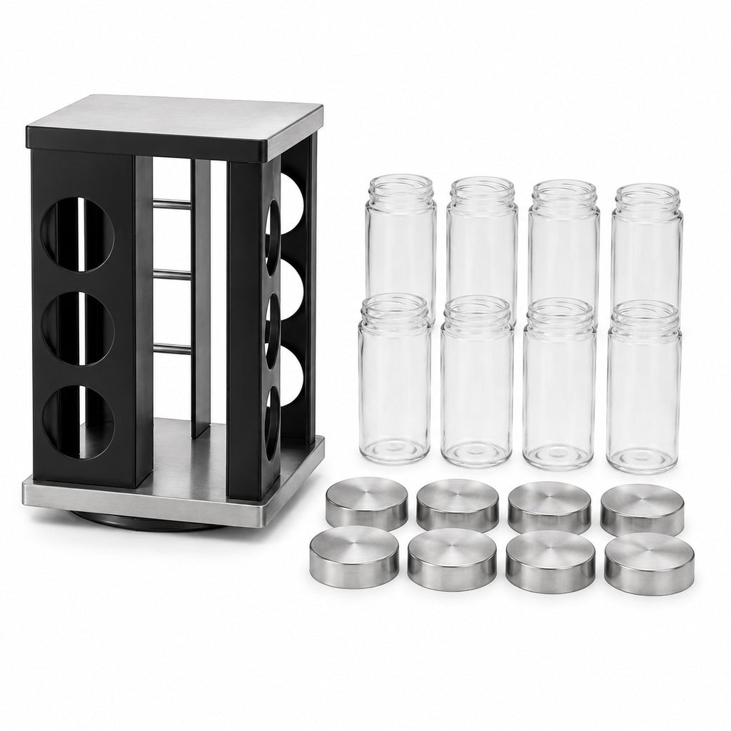 Tap2Own black rotating spice rack organizer with 12 clear glass jars and stainless steel lids. Modern kitchen storage.