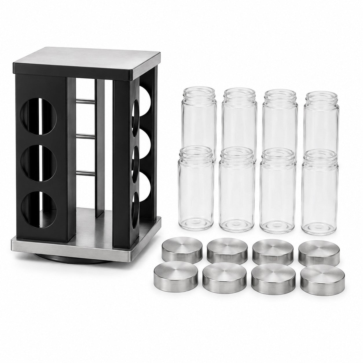 Tap2Own black rotating spice rack organizer with 12 clear glass jars and stainless steel lids. Modern kitchen storage.