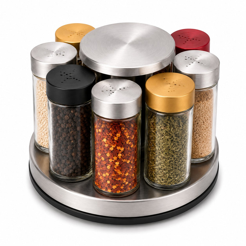 Tap2Own Rotating Seasoning Bottle Organizer Set with stainless steel finish, 7 glass jars with various spices and colored lids.
