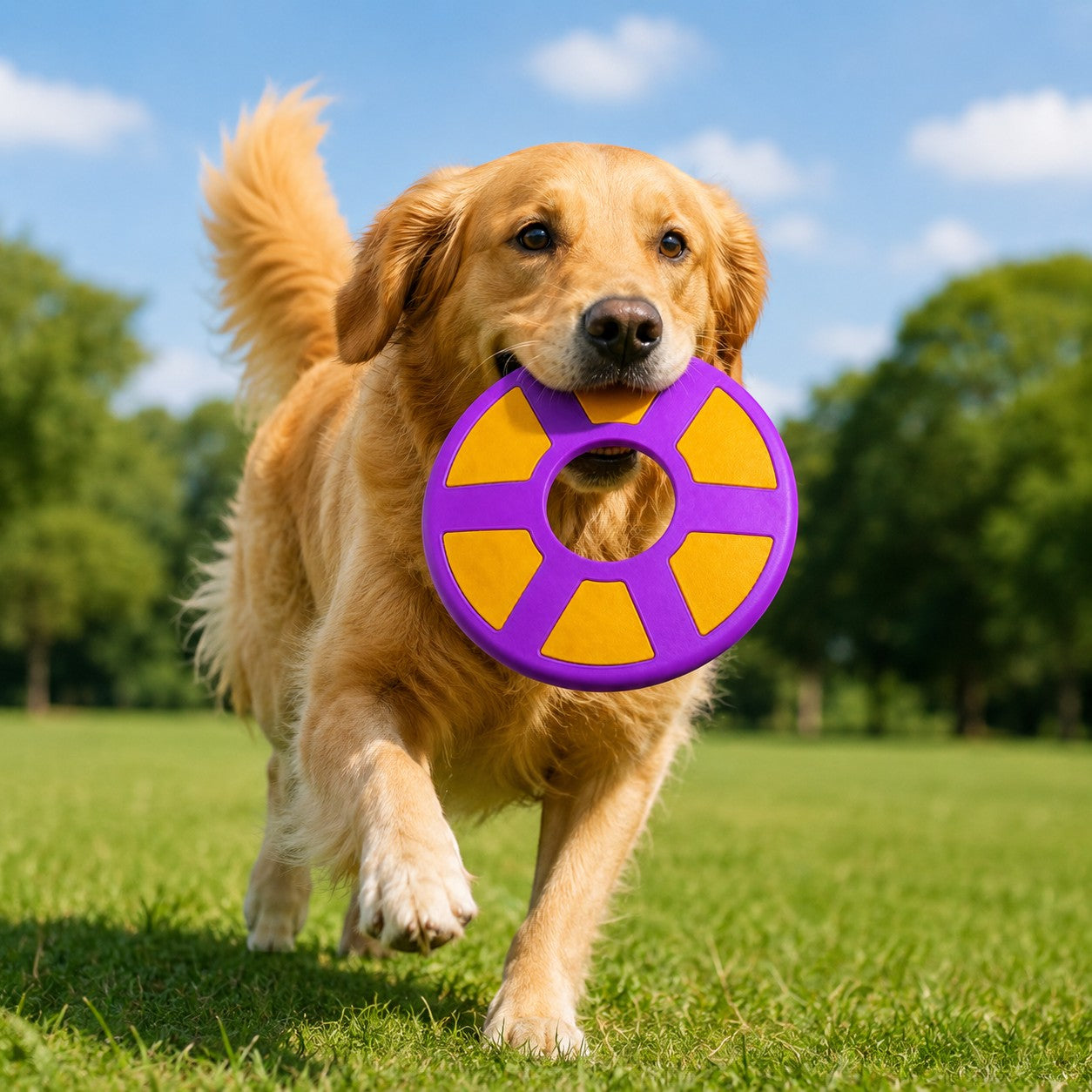 Tap2Own purple and yellow rubber flying disc dog toy held by a golden retriever in a park.