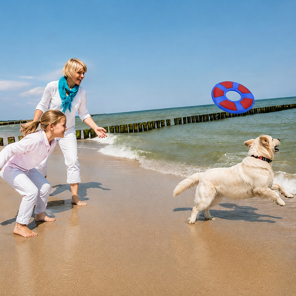 Tap2Own blue and red rubber flying ring dog toy in mid-air on a beach with a golden retriever jumping to catch it.