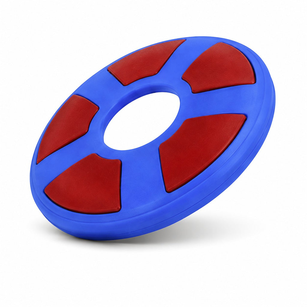 Tap2Own blue and red rubber flying ring dog toy for fetch and outdoor play