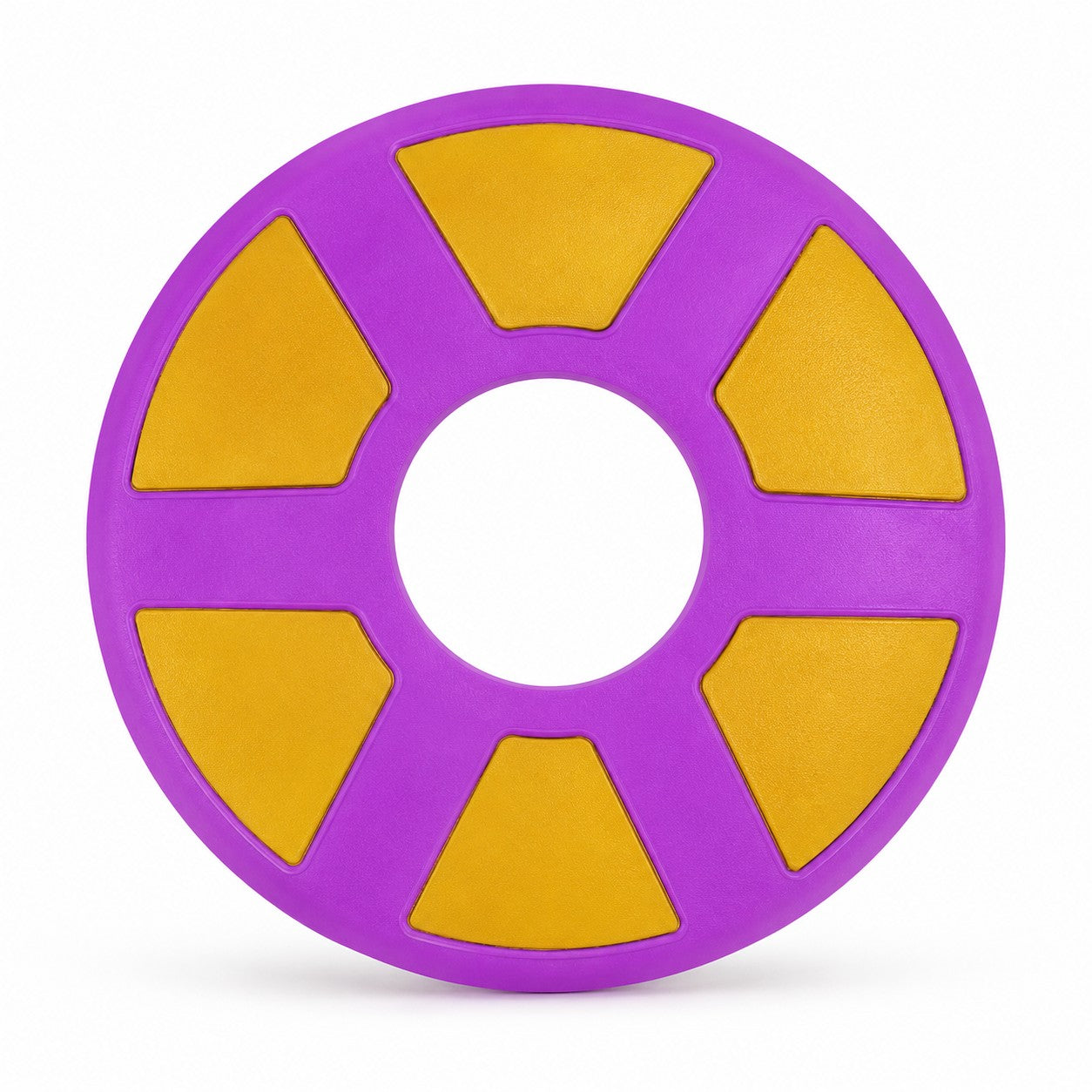 Tap2Own purple and yellow rubber flying ring dog toy for fetch and outdoor play.