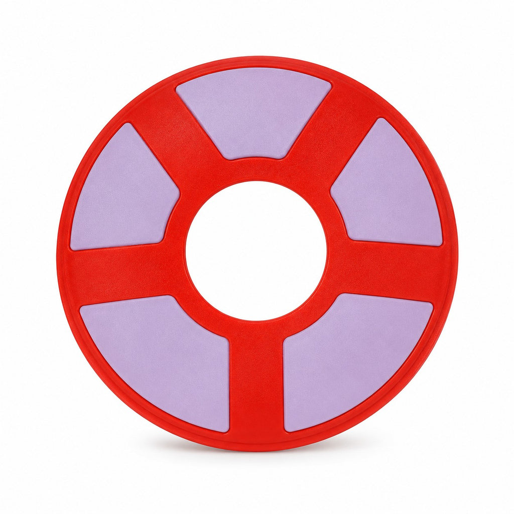 Tap2Own red and light purple rubber flying ring dog toy for fetch and outdoor play.