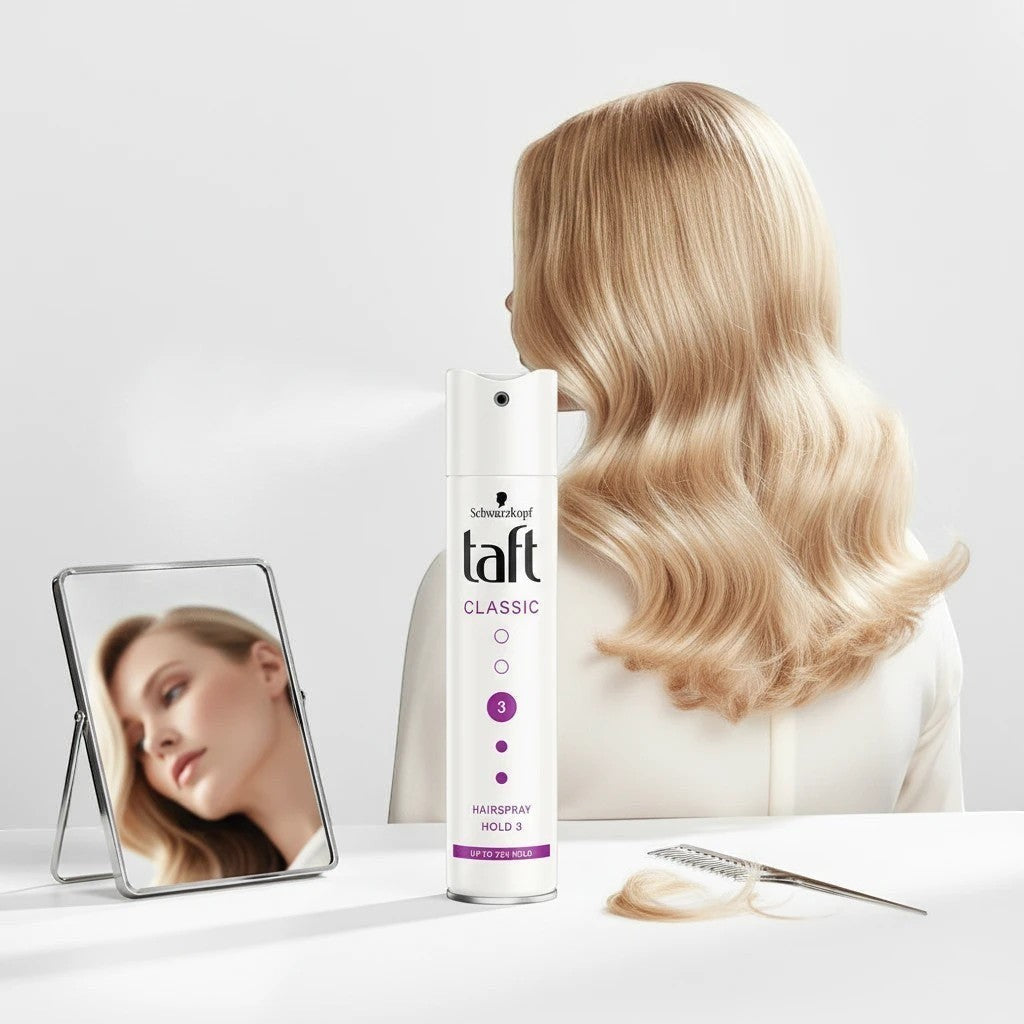 Tap2Own Schwarzkopf Taft Classic hair spray bottle with a woman with blonde wavy hair reflected in a mirror
