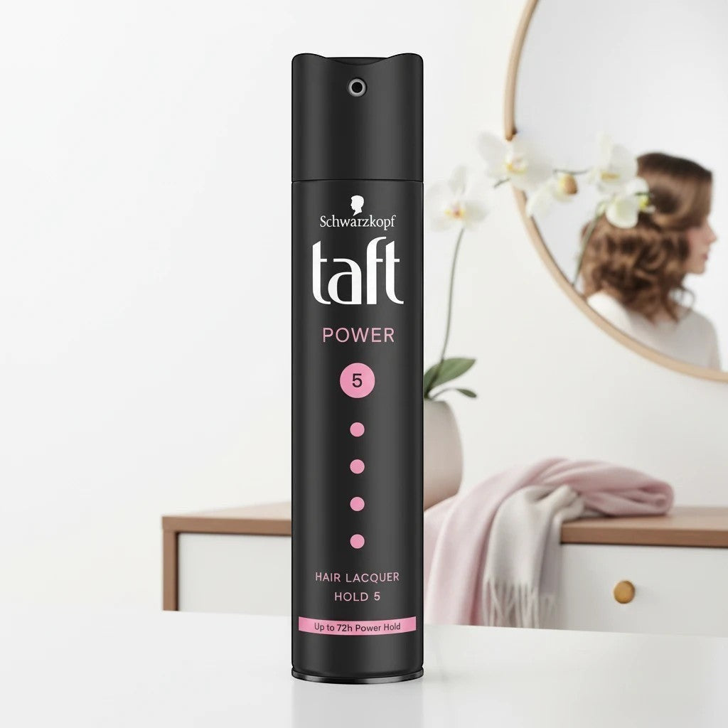 Tap2Own Schwarzkopf Taft Power hair lacquer spray with level 5 hold for long-lasting style in a black aerosol bottle.