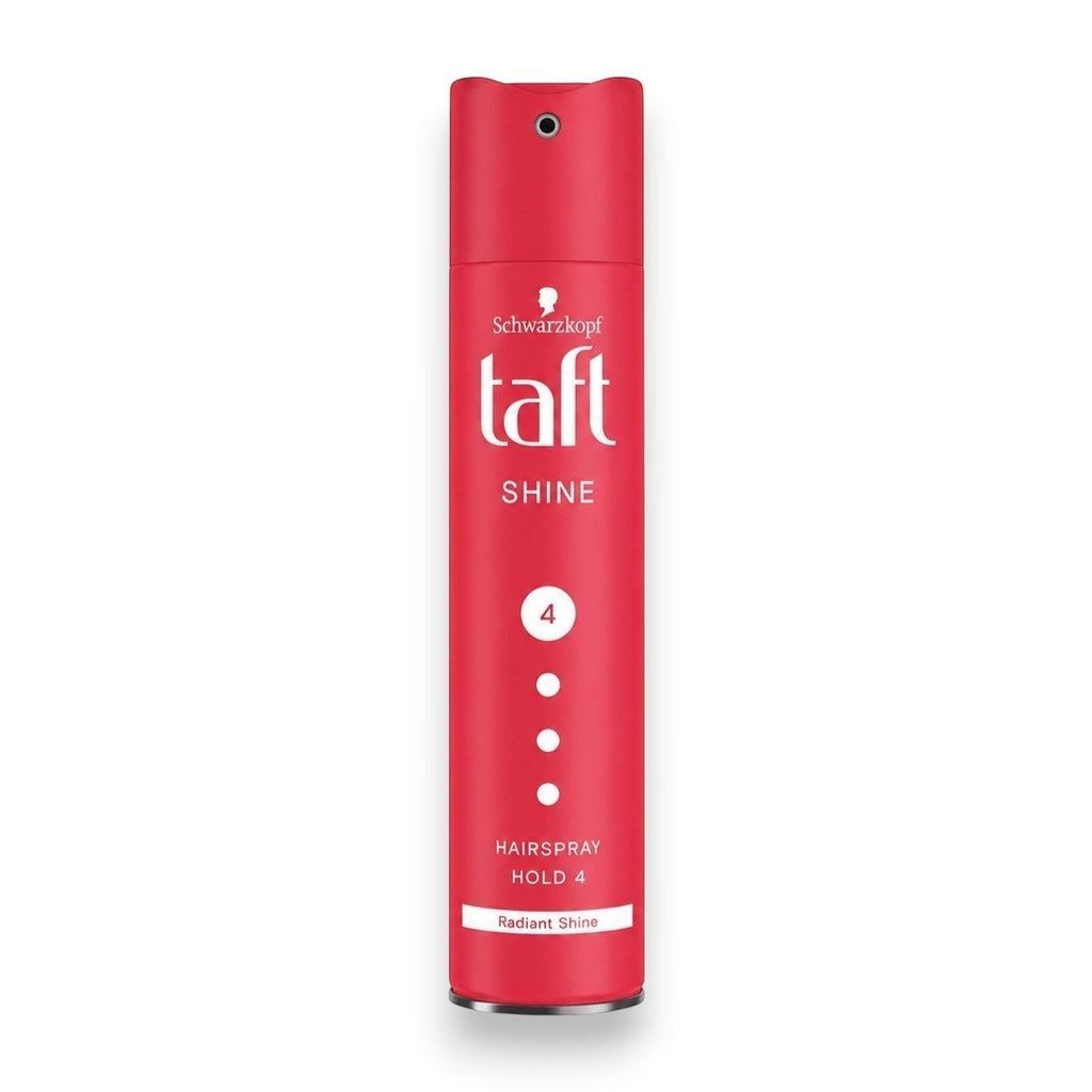 Tap2Own Schwarzkopf Taft Shine hair spray in a red aerosol can with level 4 hold for radiant hair shine