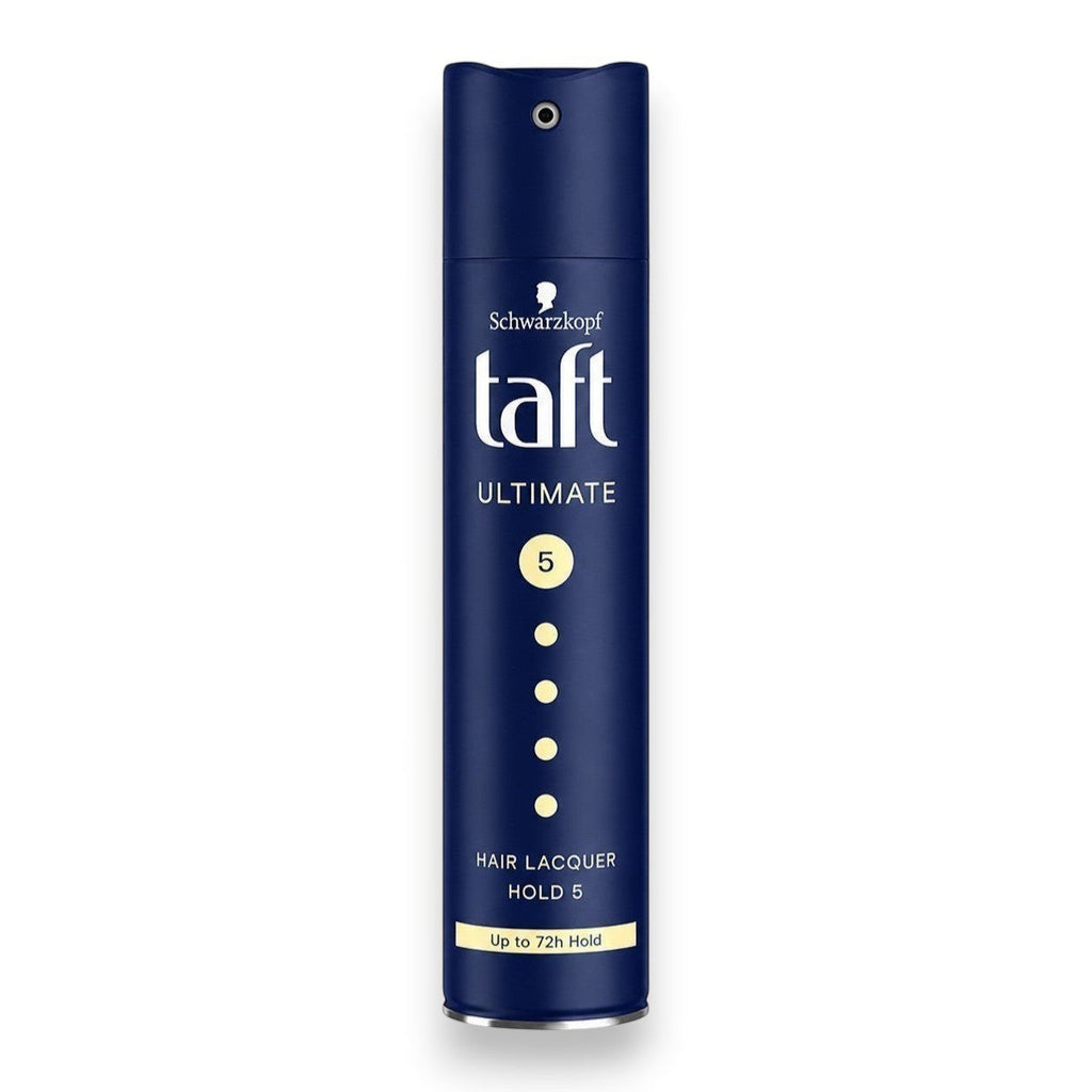 Tap2Own Schwarzkopf Taft Ultimate hair lacquer spray with level 5 hold for 72-hour long-lasting style in a blue bottle.