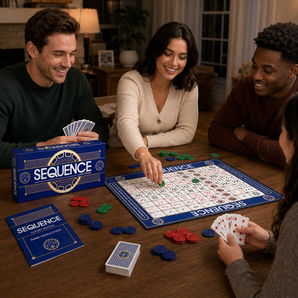 Tap2Own Sequence Luxury Edition board game with four people playing at a wooden table. Features blue and gold box, board, and instructions.