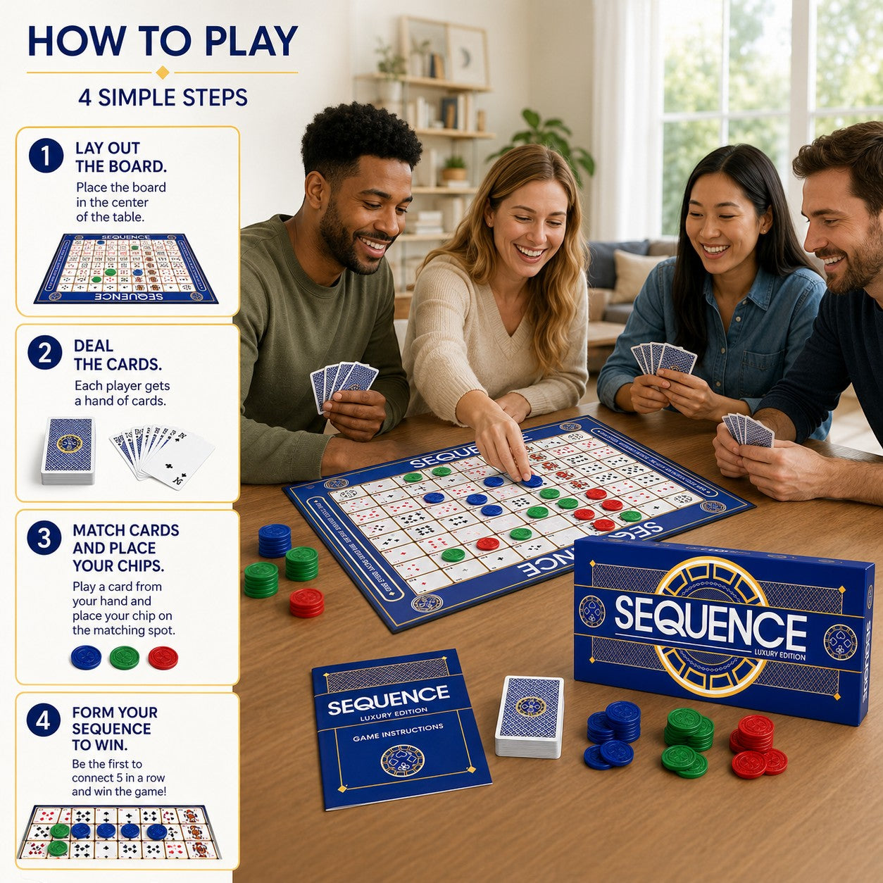 Tap2Own Sequence Luxury Edition board game with four people playing. Features a blue game board, cards, and red, green, and blue chips.