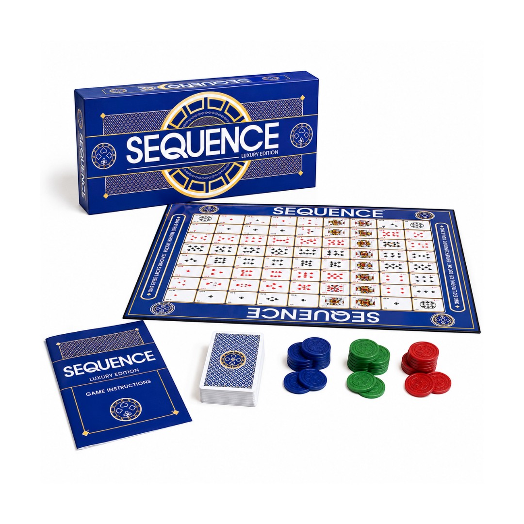 Tap2Own Sequence Luxury Edition board game set with game board, cards, chips, and instructions.