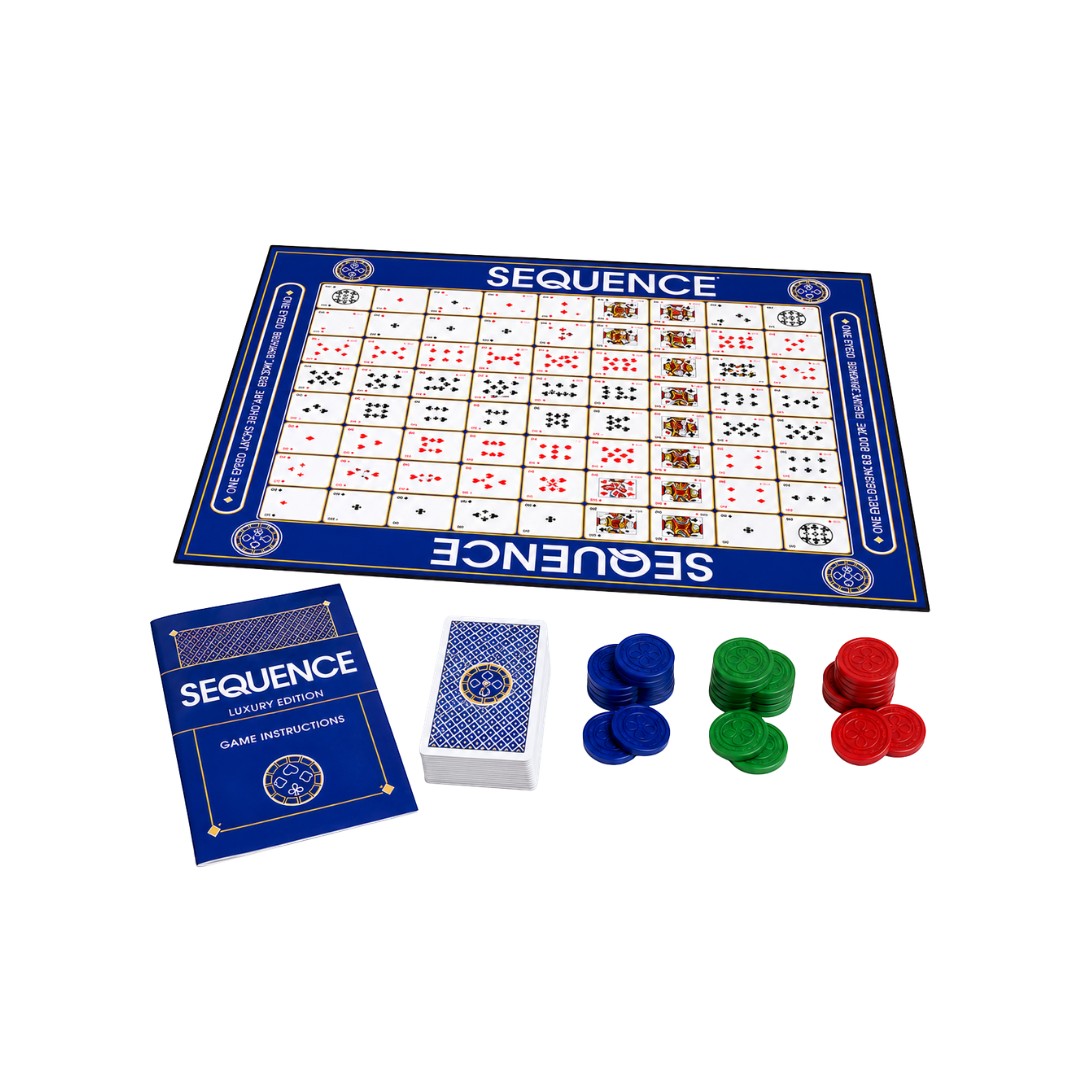 Tap2Own Sequence Luxury Edition board game with blue, green, and red playing chips, a deck of cards, and instruction booklet.