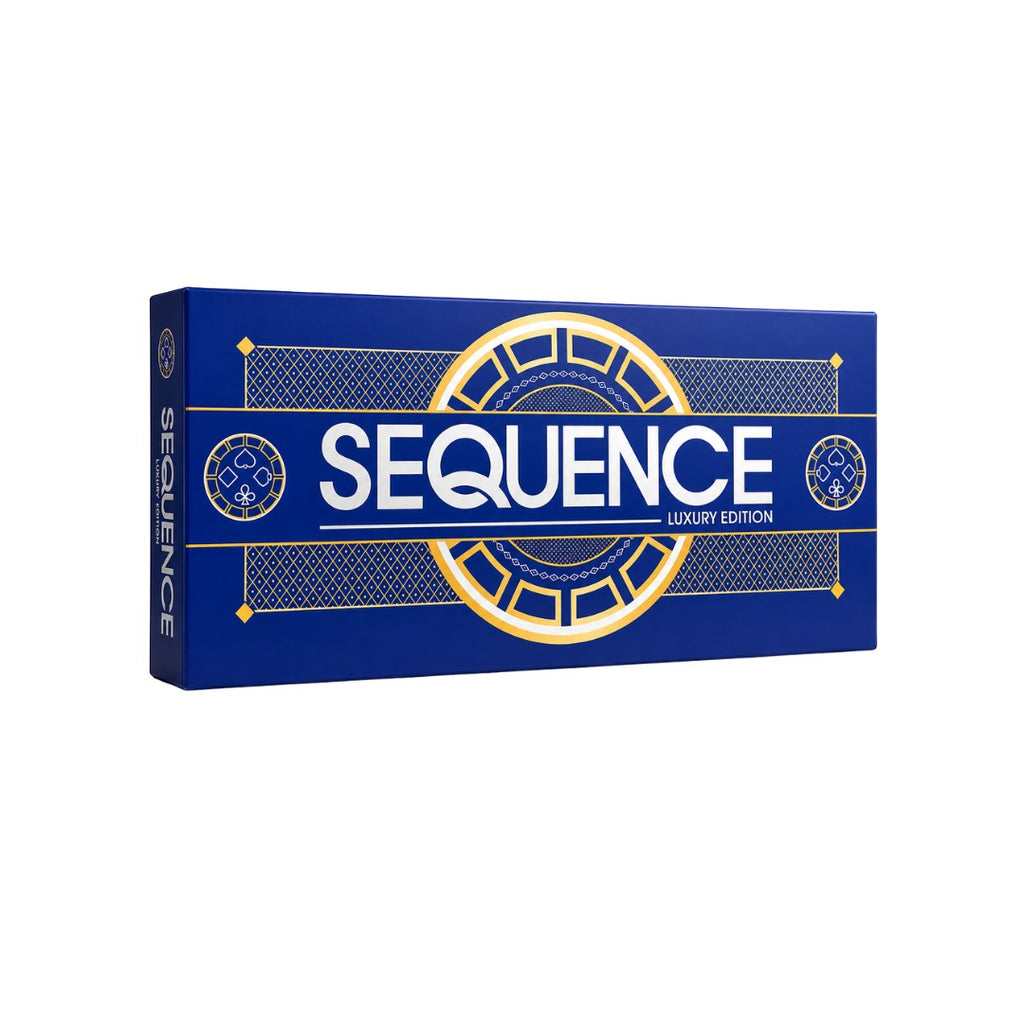 Tap2Own Sequence Luxury Edition board game box, featuring a dark blue design with gold accents and the game title prominently displayed.
