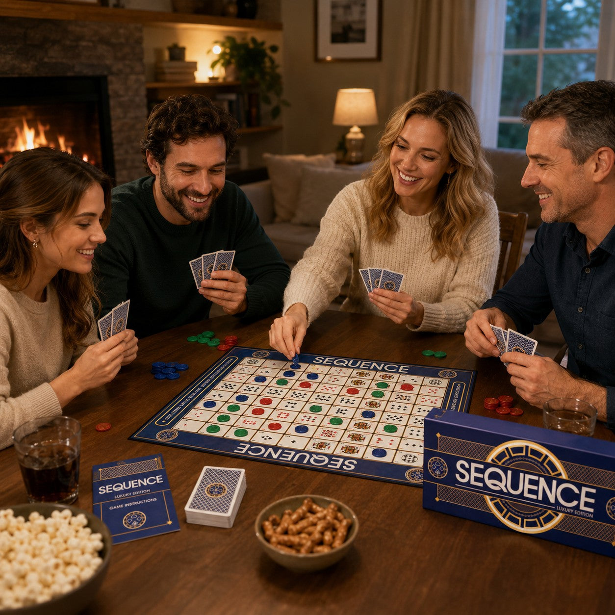 Tap2Own Sequence Luxury Edition board game with four adults playing around a wooden table. Cozy fireplace in background.