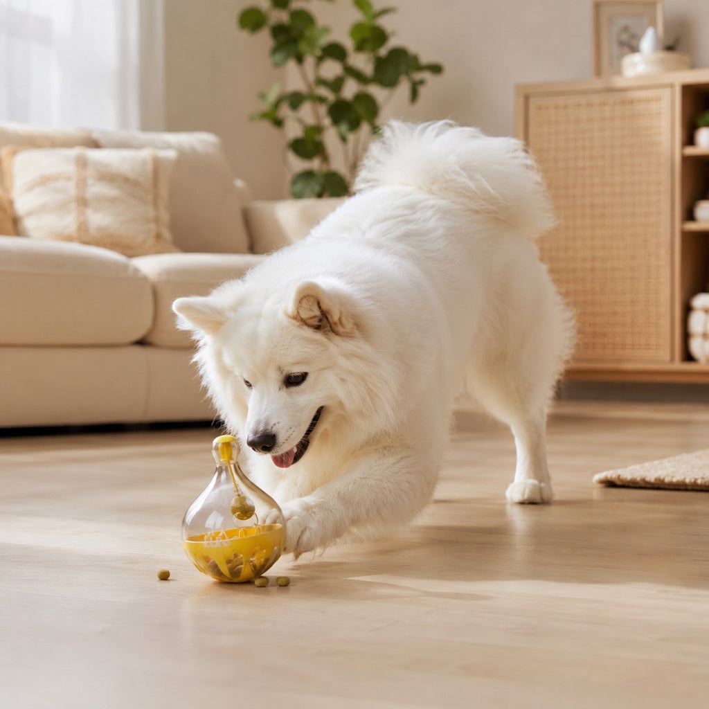 Tap2Own yellow and clear shaking pet interactive treat dispenser toy with a Samoyed dog playing.
