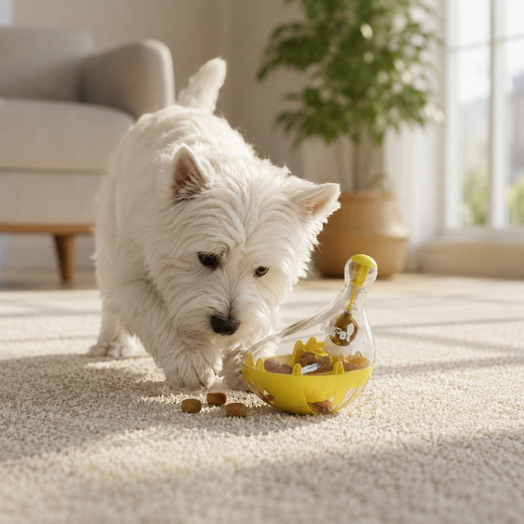 Tap2Own yellow and clear shaking pet interactive treat dispenser toy with a West Highland White Terrier dog.