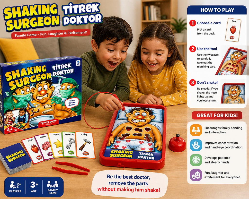 Tap2Own Shaking Surgeon Family Game, a fun board game for kids and families. Players use tweezers to remove body parts without making the patient's nose light up.