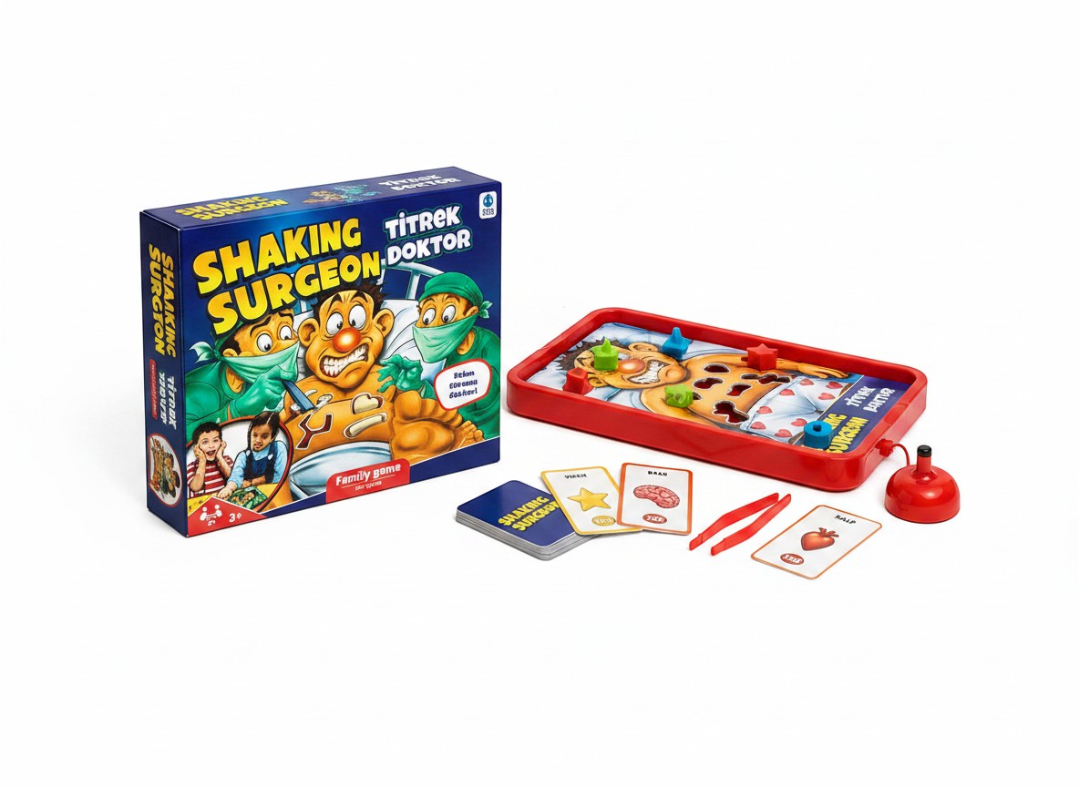 Tap2Own Shaking Surgeon family game with tweezers, cards, and patient game board. Features cartoon surgeons and a patient with a red nose.