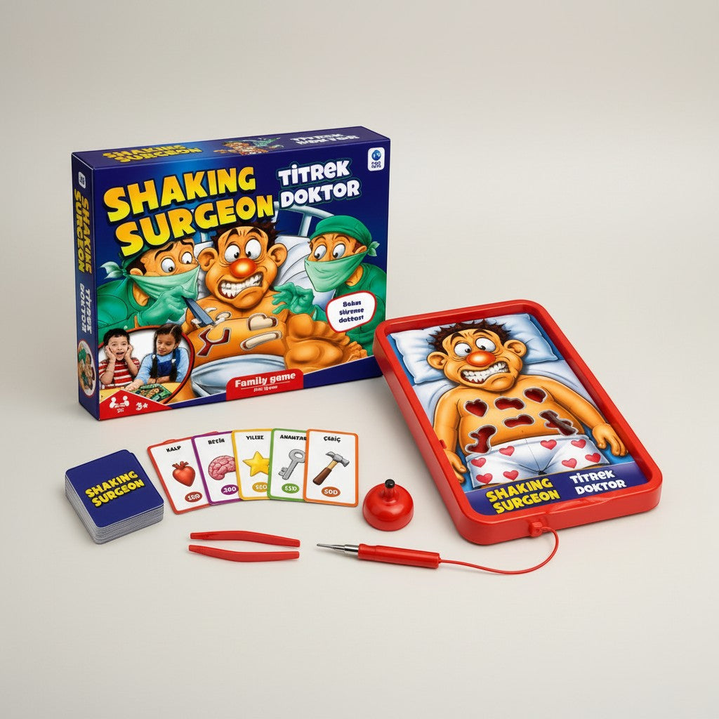 Tap2Own Shaking Surgeon Family Game box and game board with tweezers, buzzer, and cards. Features cartoon surgeons and a patient.