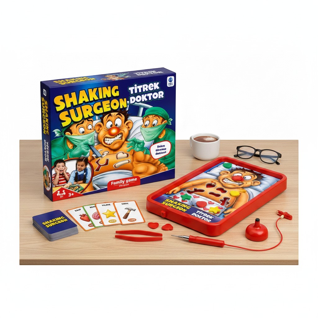Tap2Own Shaking Surgeon Family Game box and game board with tweezers and cards. Features a cartoon patient with a red nose and surgeons.