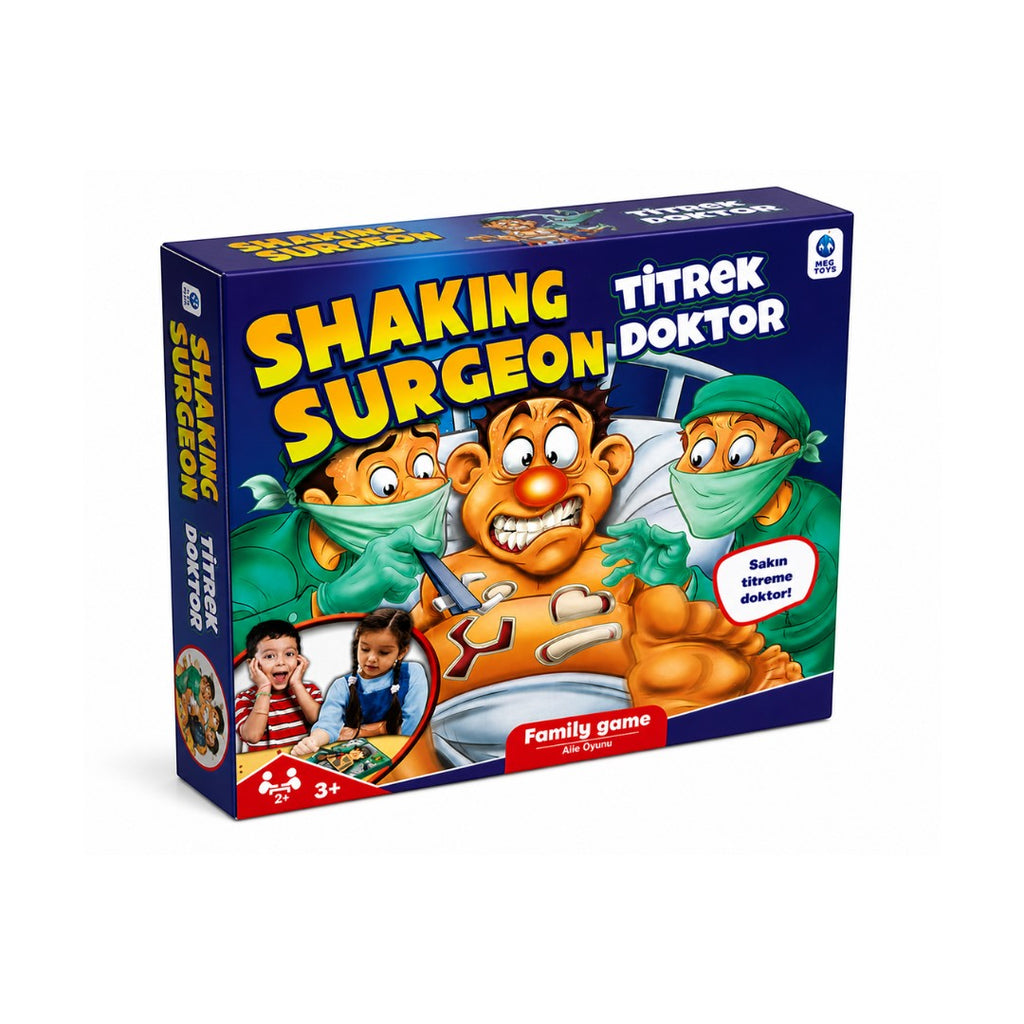 Tap2Own Shaking Surgeon Family Game box art featuring cartoon surgeons operating on a patient whose nose lights up if they make a mistake.