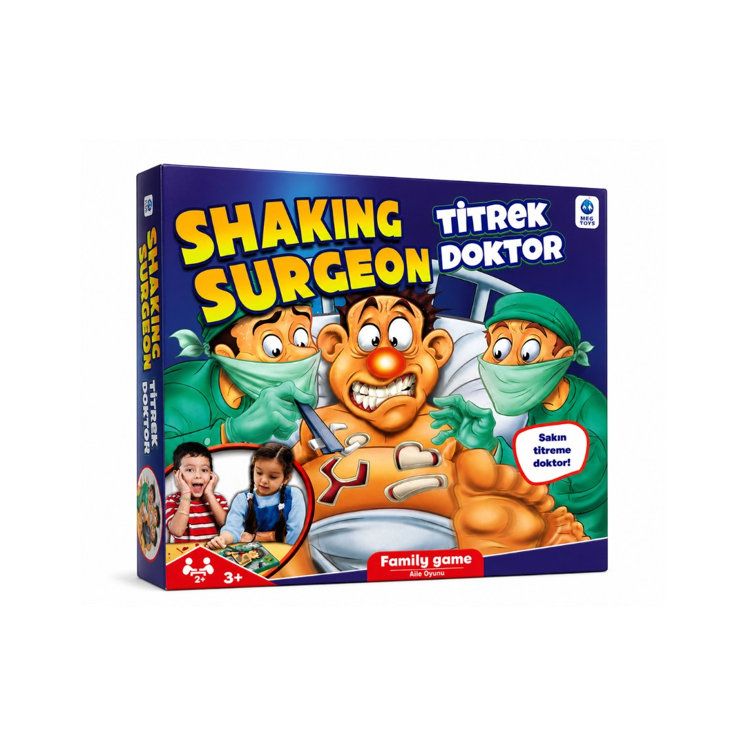 Tap2Own Shaking Surgeon Family Game box art featuring cartoon surgeons operating on a patient whose nose lights up if players shake. Includes two children playing.