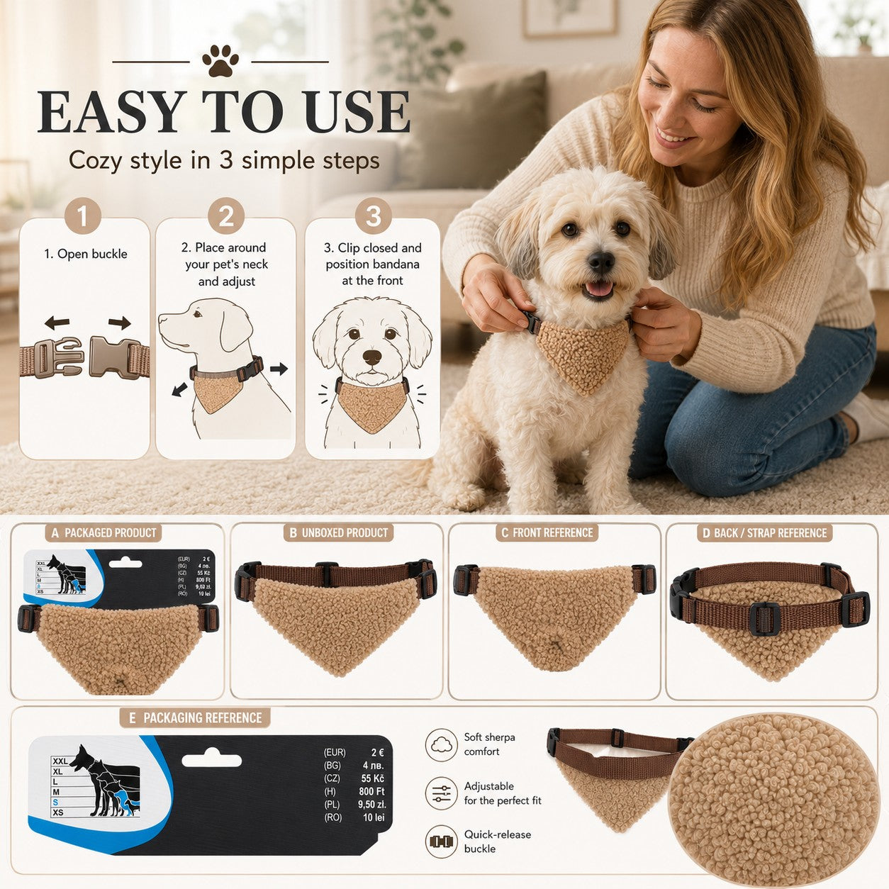 Tap2Own tan sherpa dog bandana collar accessory with adjustable strap and quick-release buckle.