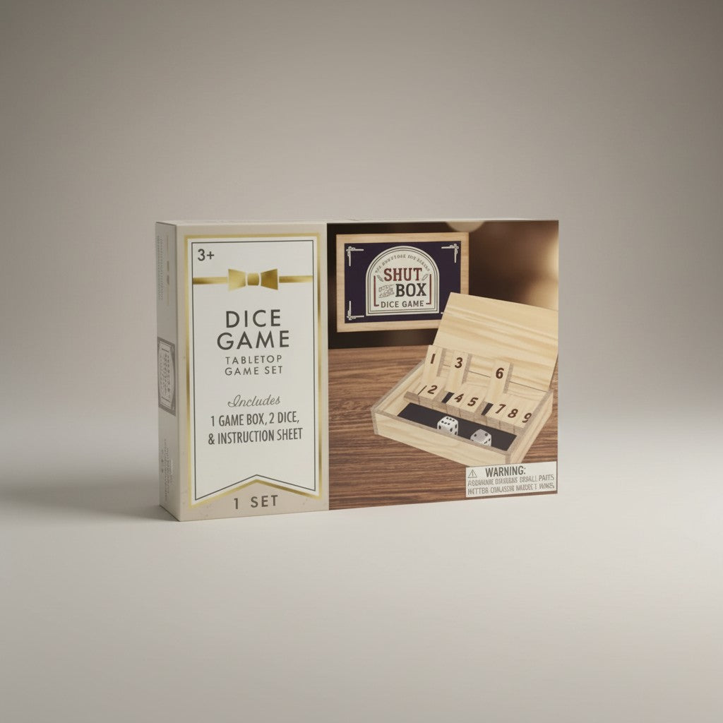 Tap2Own Shut the Box dice game set includes wooden box, 2 dice, and instruction sheet. For ages 3+.