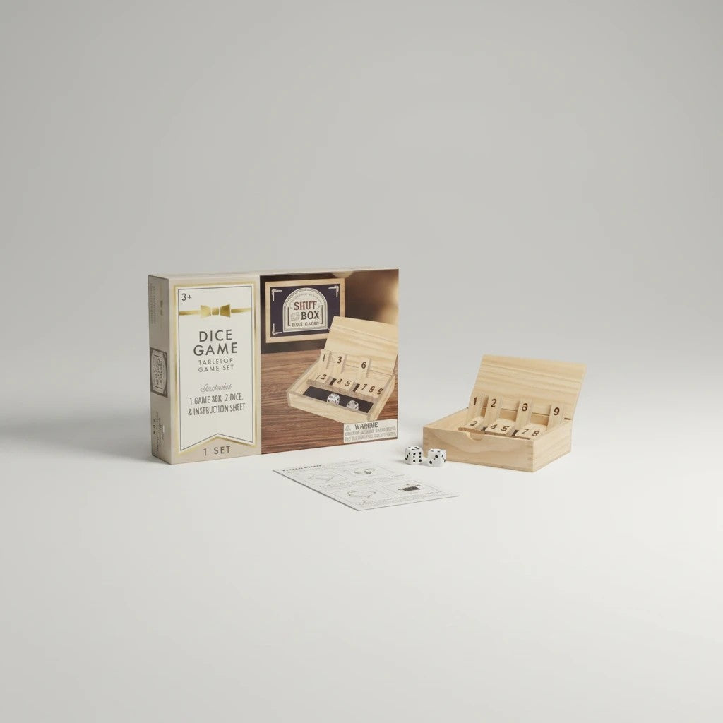 Tap2Own Shut The Box dice game set made of natural wood with numbered tiles and two dice. Includes game box, dice, and instructions.