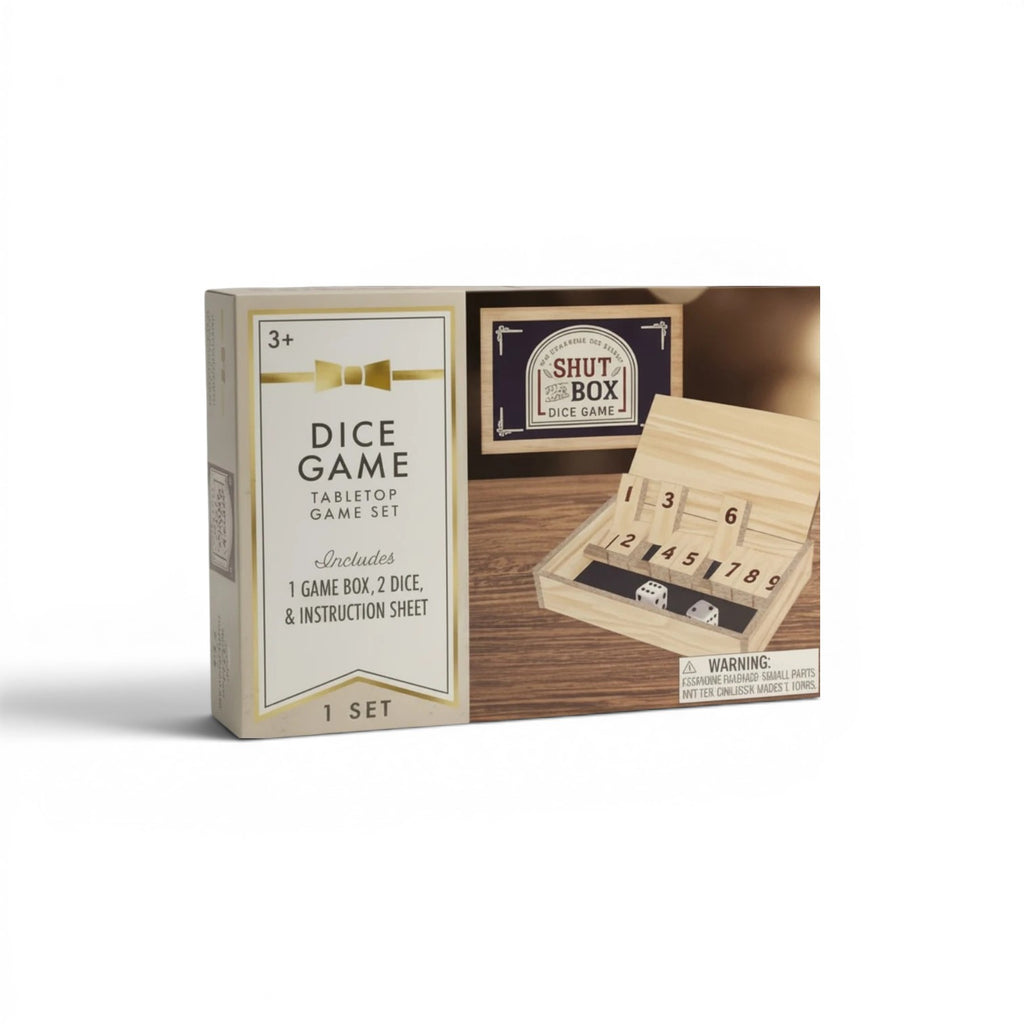 Tap2Own Shut The Box Dice Game Tabletop Set, natural wood, includes game box, 2 dice, and instruction sheet. For ages 3+.