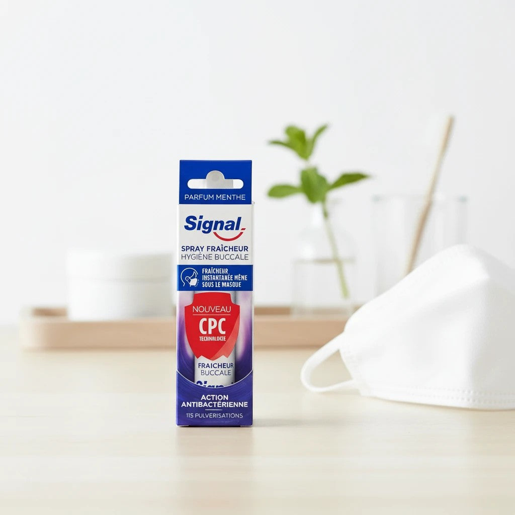 Tap2Own Signal mint breath freshener spray with antibacterial CPC technology for instant oral freshness.