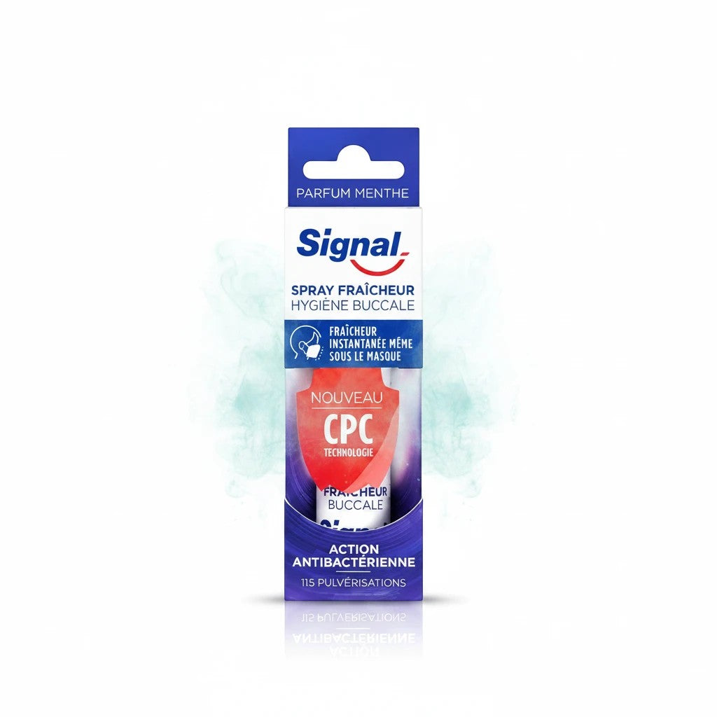 Tap2Own Signal mint breath freshener spray with antibacterial CPC technology for instant oral freshness.
