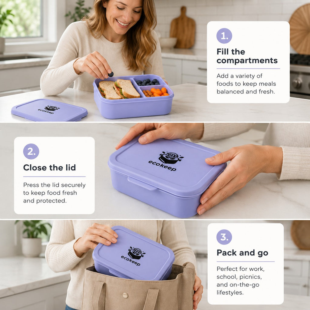 Tap2Own lavender silicone bento lunch box with three compartments, perfect for meal prep and on-the-go.