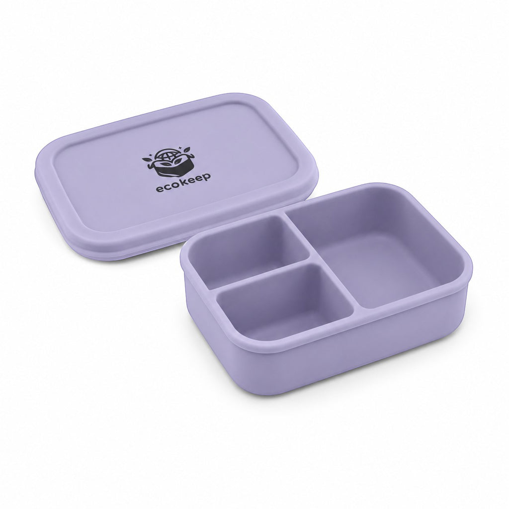 Tap2Own lavender silicone bento lunch box with three compartments and a secure lid. Ideal for meal prep and on-the-go.