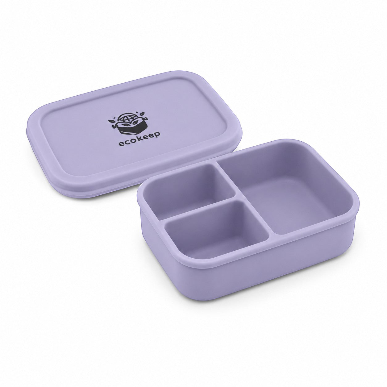 Tap2Own lavender silicone bento lunch box with three compartments and a secure lid. Ideal for meal prep and on-the-go.