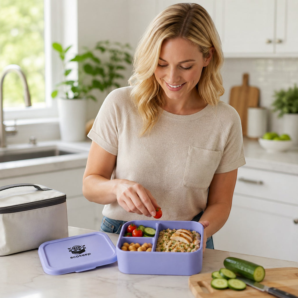 Tap2Own lavender silicone bento lunch box with three compartments, filled with chicken, couscous, chickpeas, and salad.