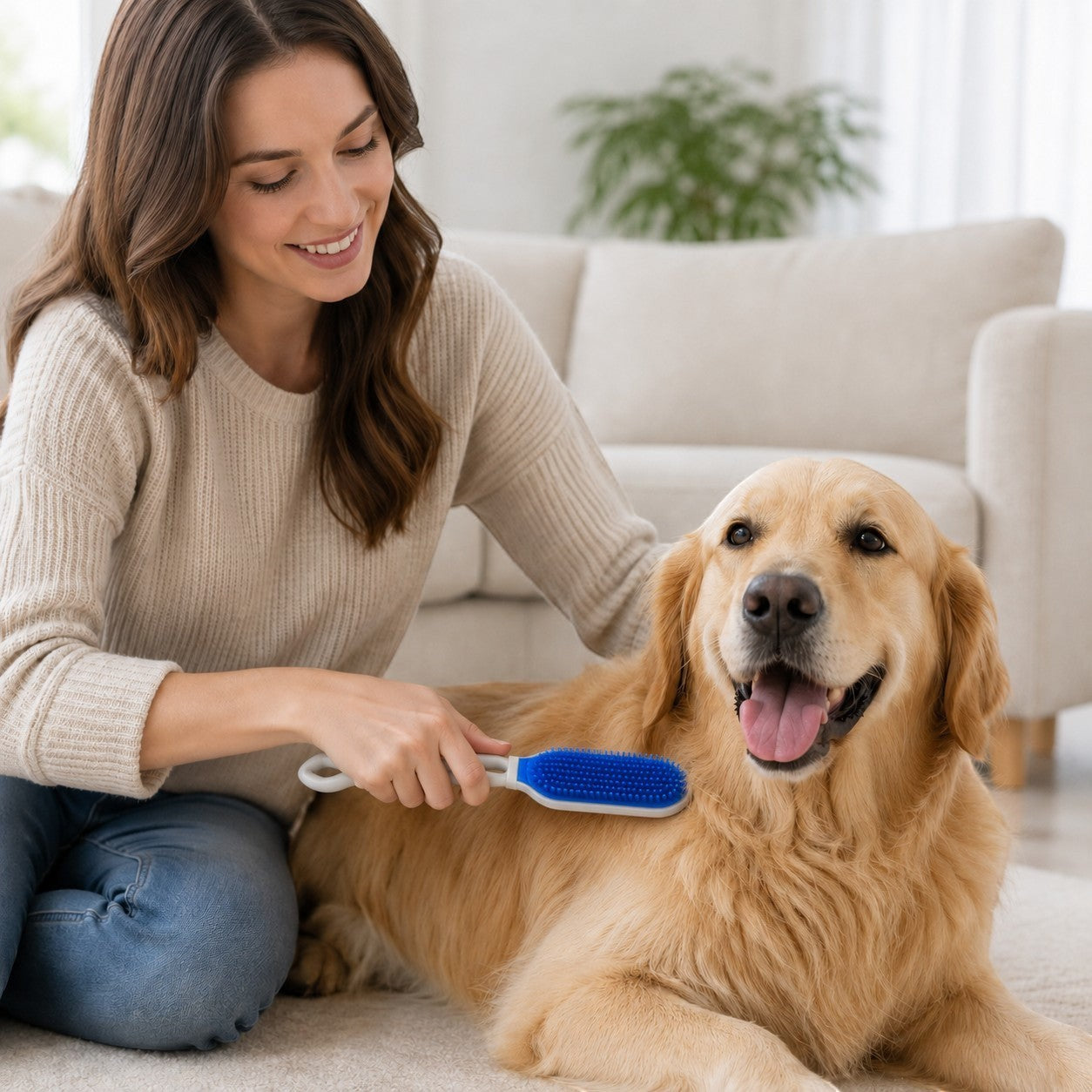 Tap2Own blue silicone grooming brush with white handle, used by a woman on a golden retriever dog.