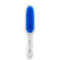 Tap2Own blue silicone grooming brush with white handle for pet hair removal and multi-surface cleaning.
