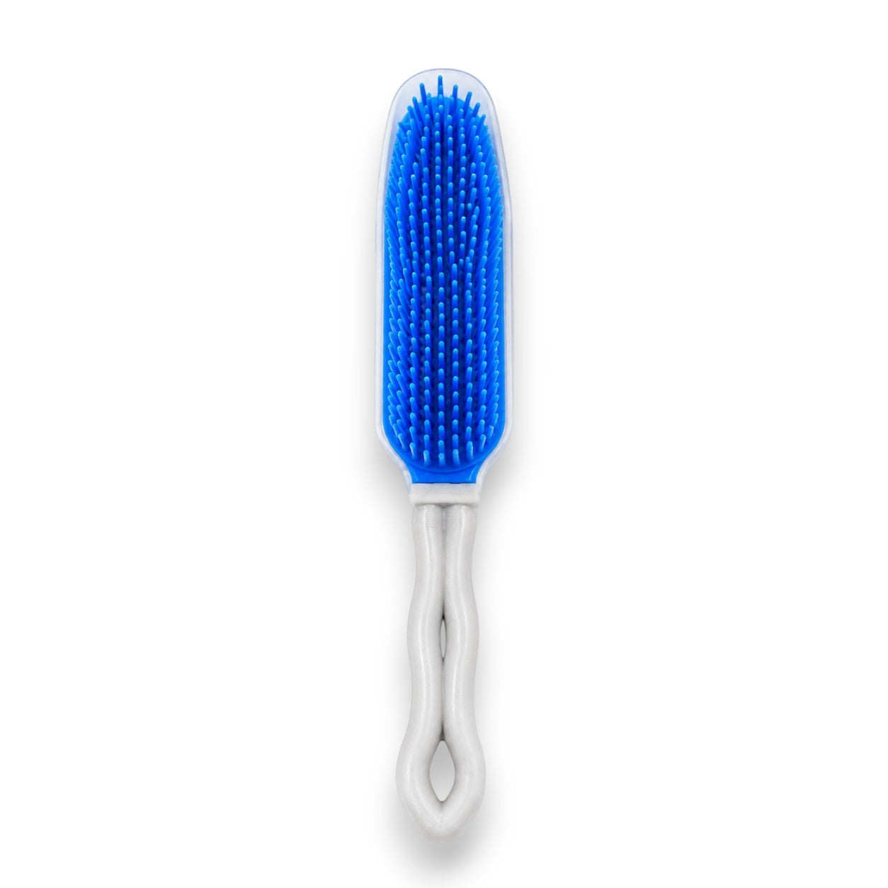 Tap2Own blue silicone grooming brush with white handle for pet hair removal and multi-surface cleaning.